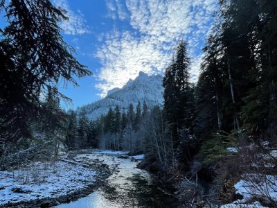White Watchtower Nov 2022, winter stream with mountain in background